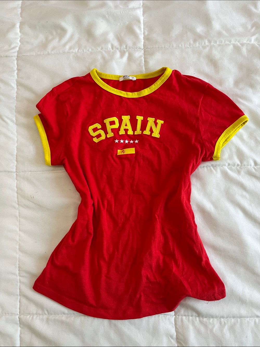 Ardene Red Tee with Yellow Trim and SPAIN Graphic